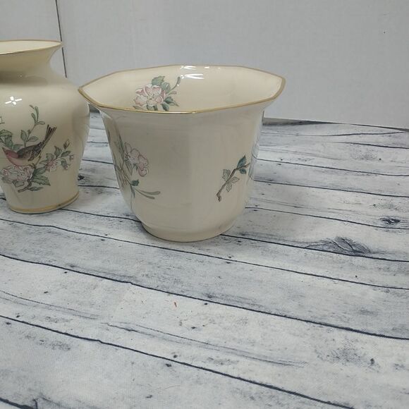 Vintage Lenox Serenade Porcelain Bird Vase 6" And 4" Planter - Picture 3 of 16